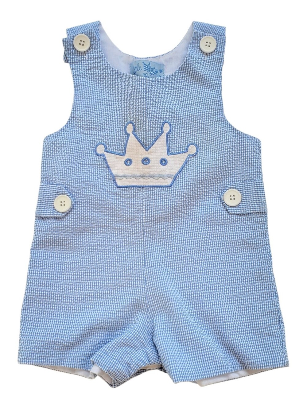 Little Prince Blue Seersucker Crown Applique Jon Jon Romper Baby Boys 0-6 Months